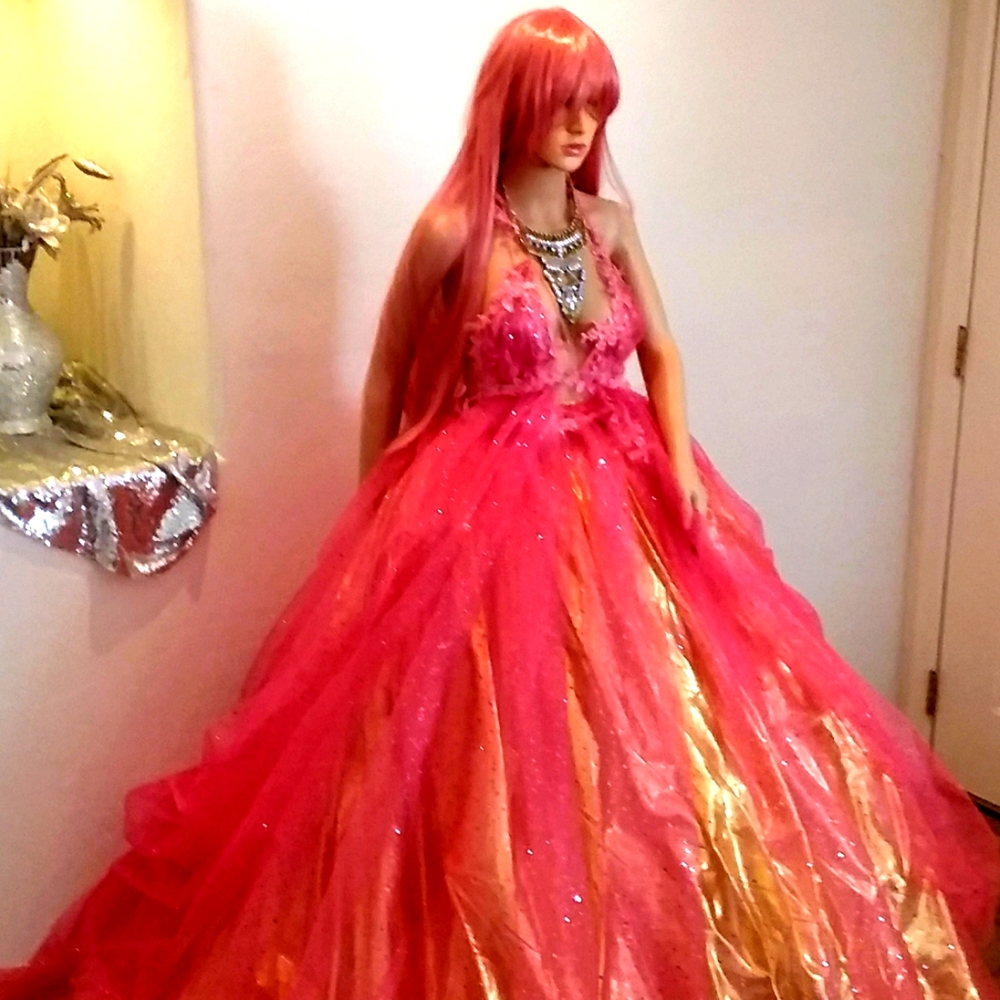 KIMBER Coral Pink & Gold Tulle Wedding Ballgown